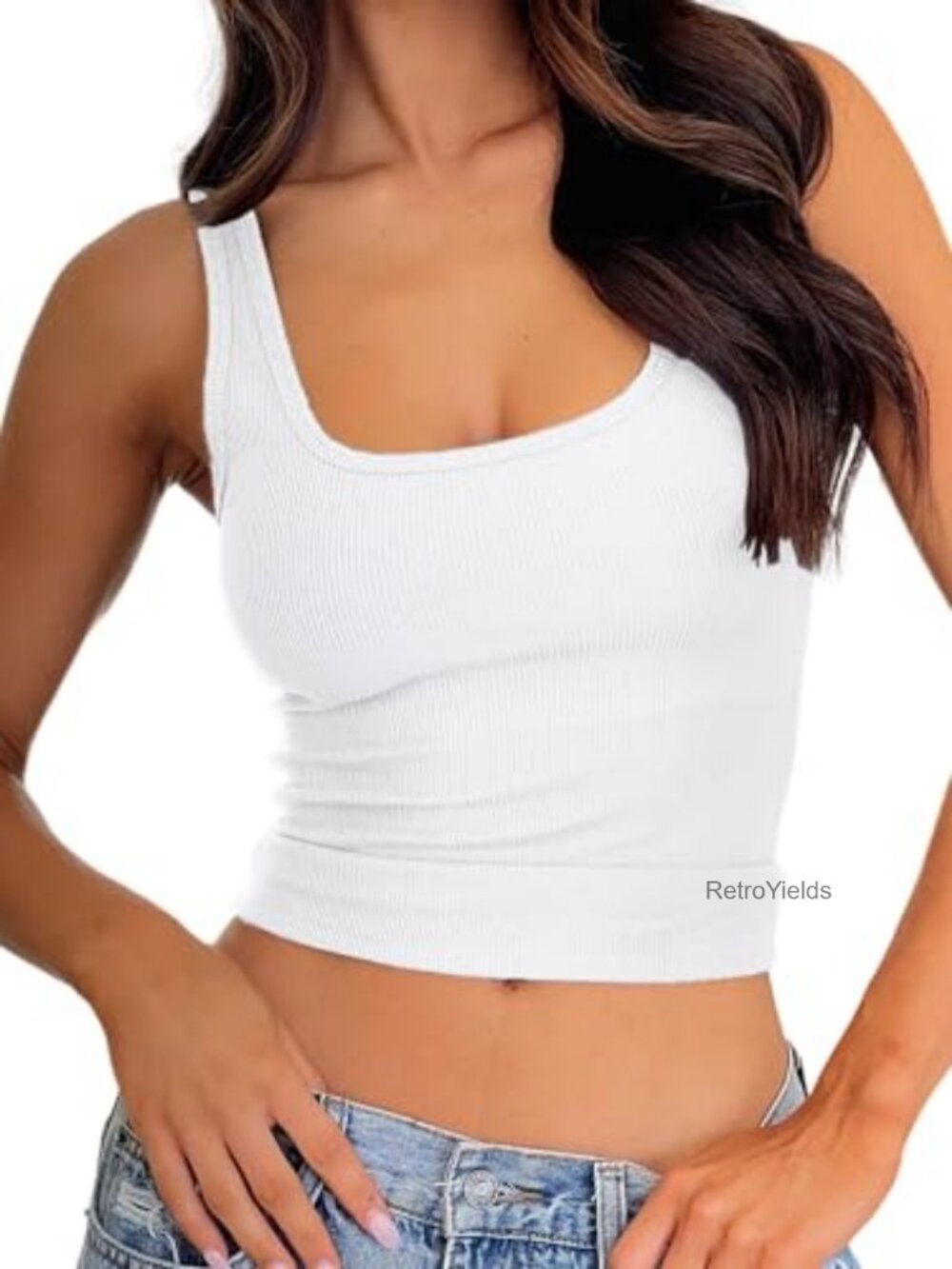 Women Ribbed Padded Tank Top Square Neck Crop Fitted Cami Workout Yoga Top
